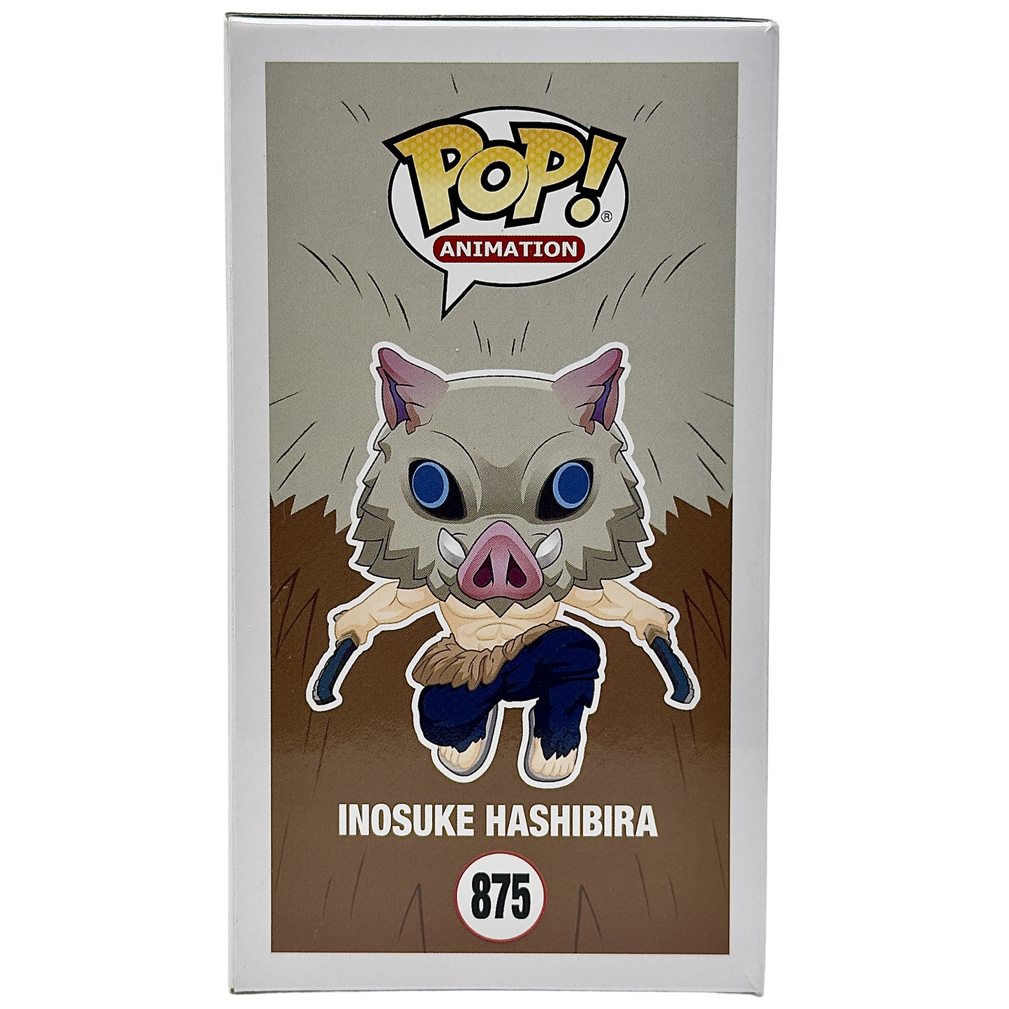 Left side of box for Inosuke Hashibira Funko Pop! #875 Flocked Chalice Collectibles Exclusive Notorious Customs signed by Bryce Papenbrook
