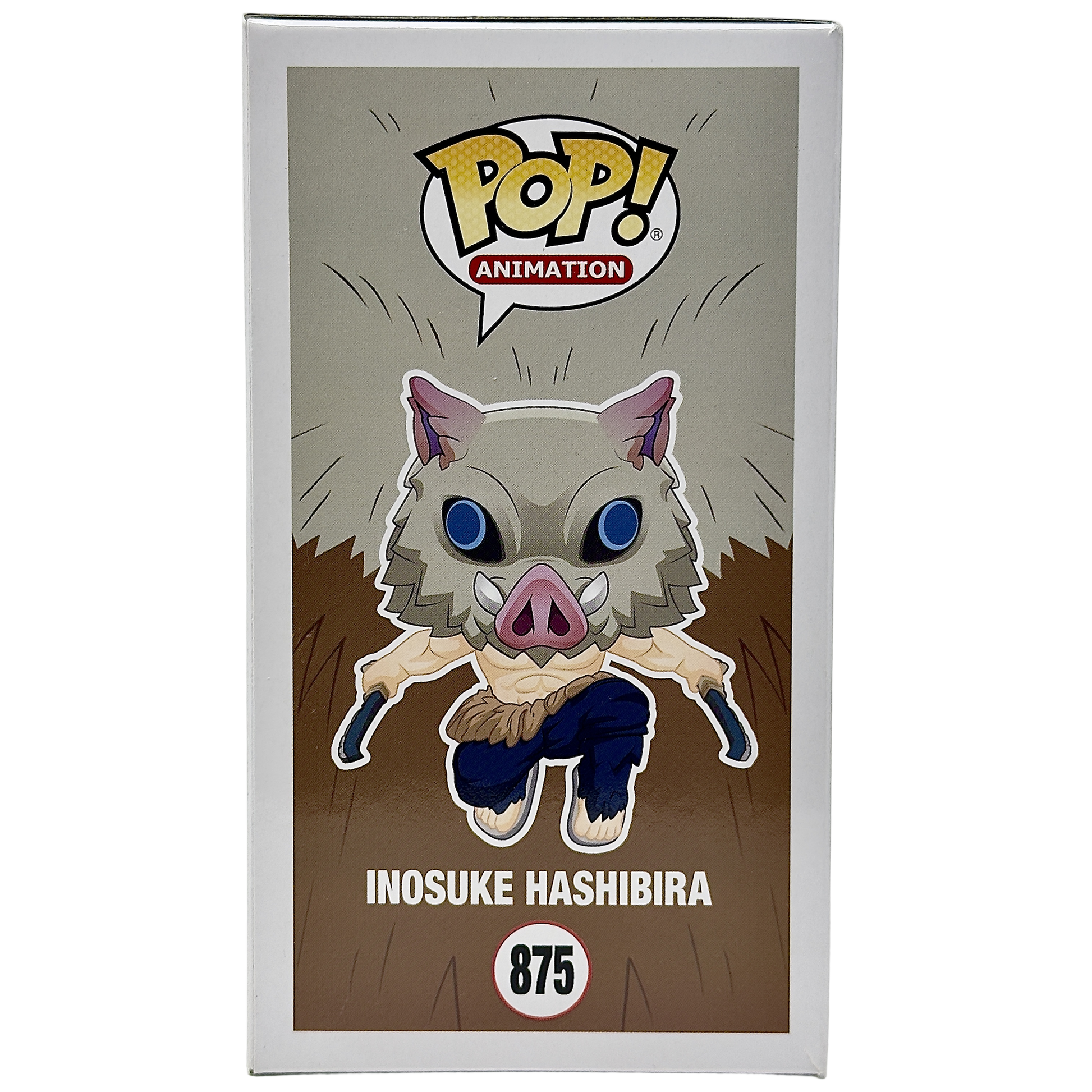 Left side of box for Inosuke Hashibira Funko Pop! #875 Flocked Chalice Collectibles Exclusive Notorious Customs signed by Bryce Papenbrook