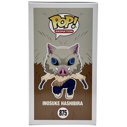 Left side of box for Inosuke Hashibira Funko Pop! #875 Flocked Chalice Collectibles Exclusive Notorious Customs signed by Bryce Papenbrook