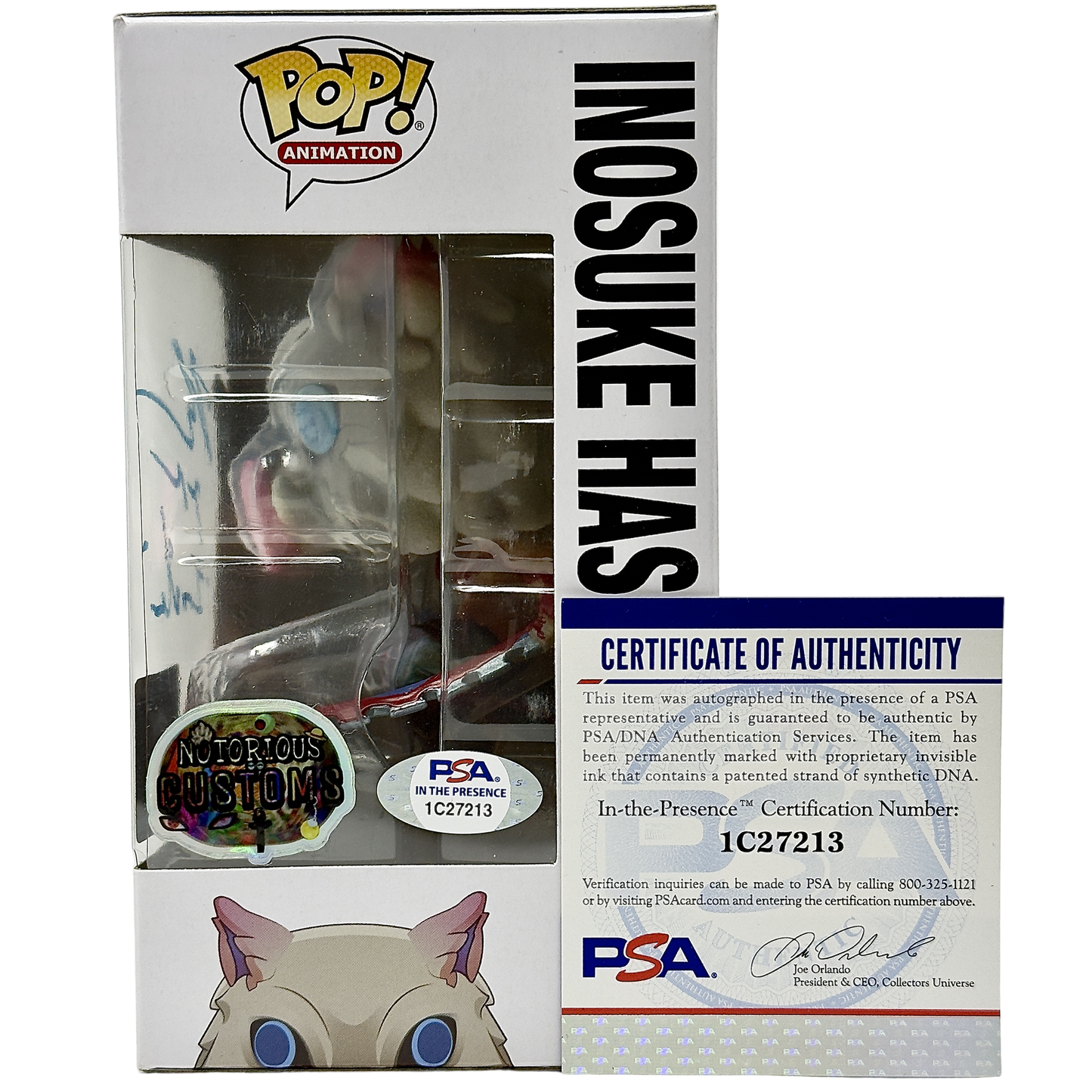 Right side of box for Inosuke Hashibira Funko Pop! #875 Flocked Chalice Collectibles Exclusive Notorious Customs signed by Bryce Papenbrook
