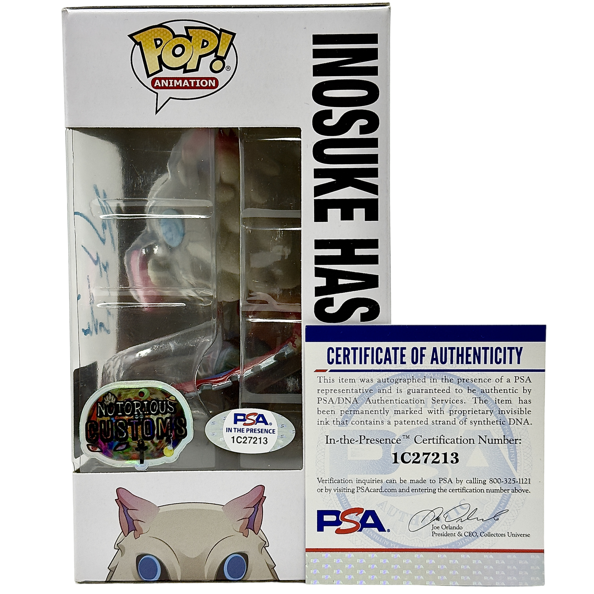 Right side of box for Inosuke Hashibira Funko Pop! #875 Flocked Chalice Collectibles Exclusive Notorious Customs signed by Bryce Papenbrook