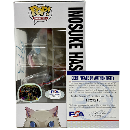 Right side of box for Inosuke Hashibira Funko Pop! #875 Flocked Chalice Collectibles Exclusive Notorious Customs signed by Bryce Papenbrook