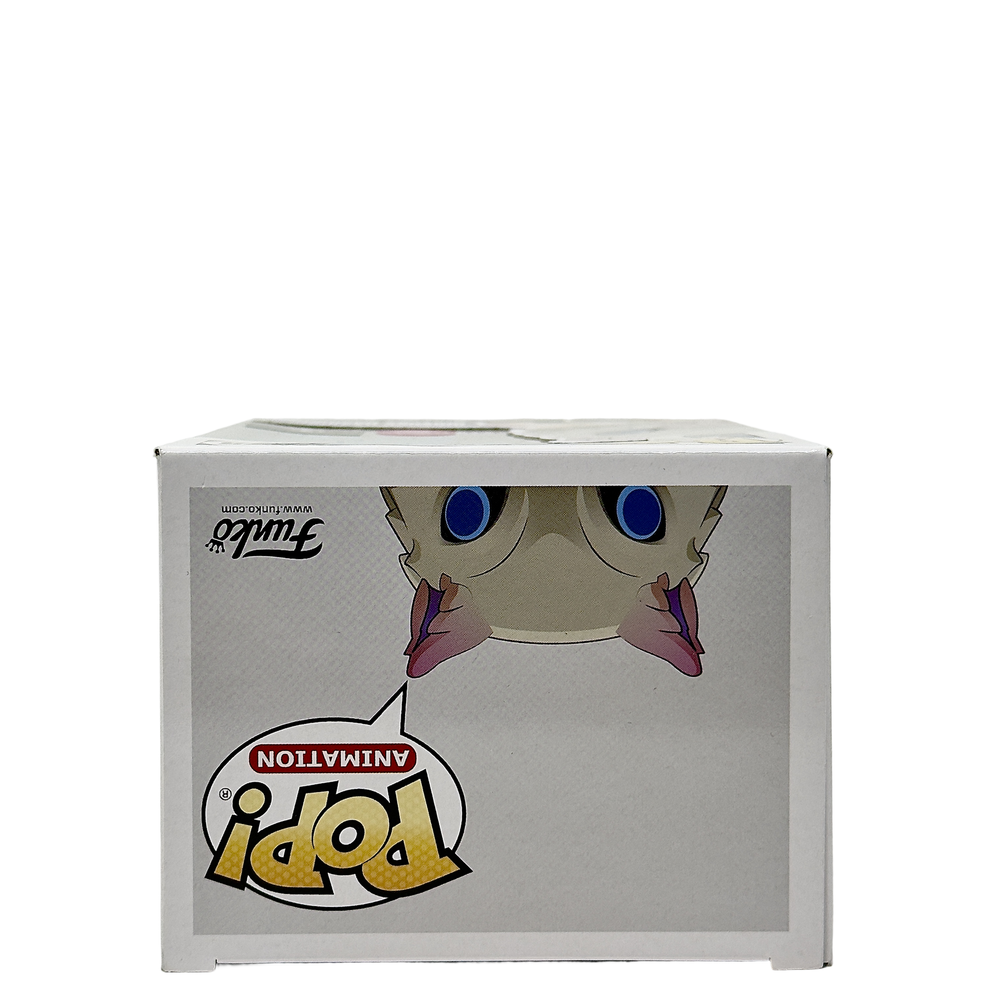 Top of box for Inosuke Hashibira Funko Pop! #875 Flocked Chalice Collectibles Exclusive Notorious Customs signed by Bryce Papenbrook