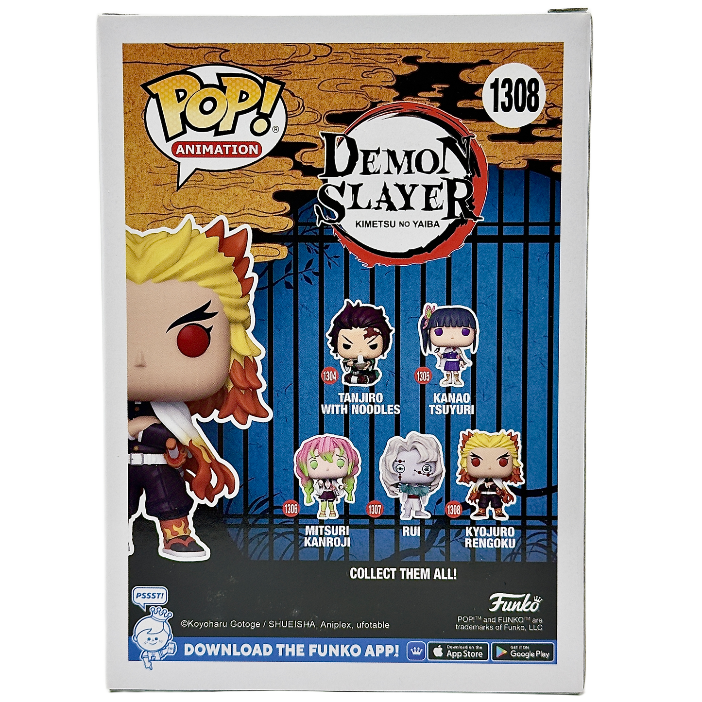 Back of box for Kyojuro Rengoku Funko Pop! #1306 Walmart Exclusive Glows In The Dark signed by Mark Whitten