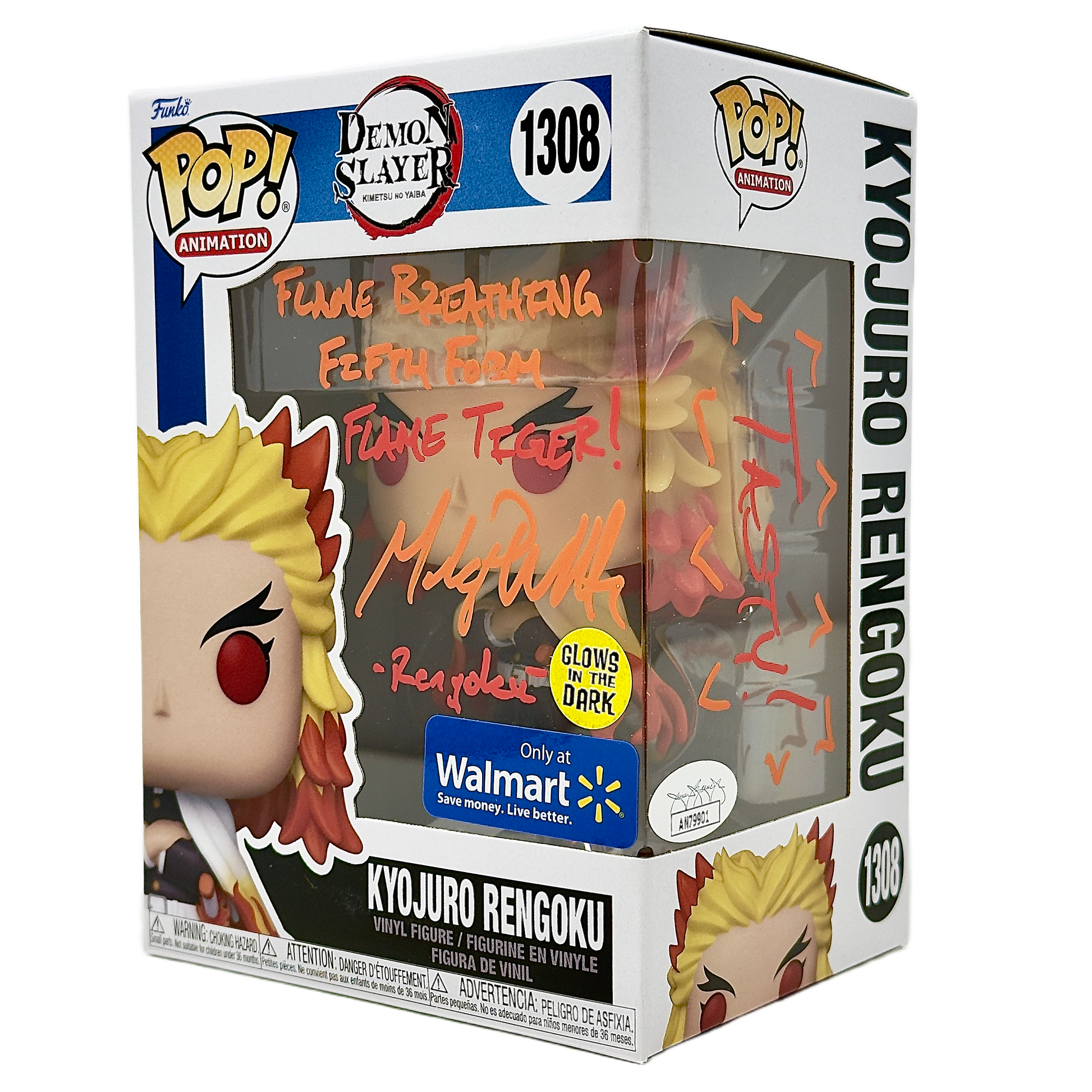 Front right angle in-box photo of Kyojuro Rengoku Funko Pop! #1306 signed by Mark Whitten showing the autograph, Walmart Exclusive sticker, Glows In The Dark sticker, and box depth