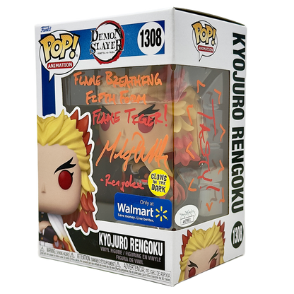 Front right angle in-box photo of Kyojuro Rengoku Funko Pop! #1306 signed by Mark Whitten showing the autograph, Walmart Exclusive sticker, Glows In The Dark sticker, and box depth