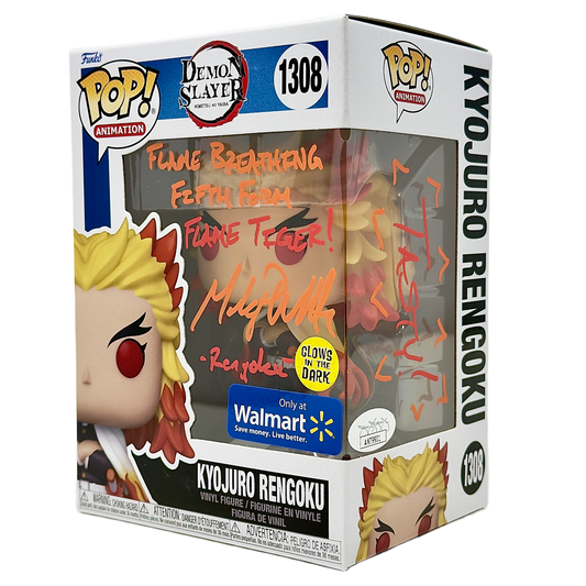 Front right angle in-box photo of Kyojuro Rengoku Funko Pop! #1306 signed by Mark Whitten showing the autograph, Walmart Exclusive sticker, Glows In The Dark sticker, and box depth