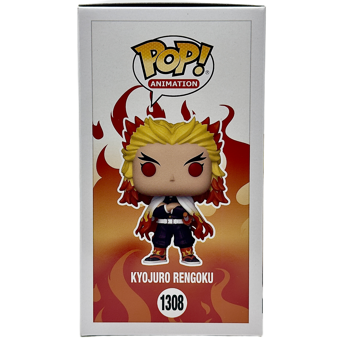 Left side of box for Kyojuro Rengoku Funko Pop! #1306 Walmart Exclusive Glows In The Dark signed by Mark Whitten
