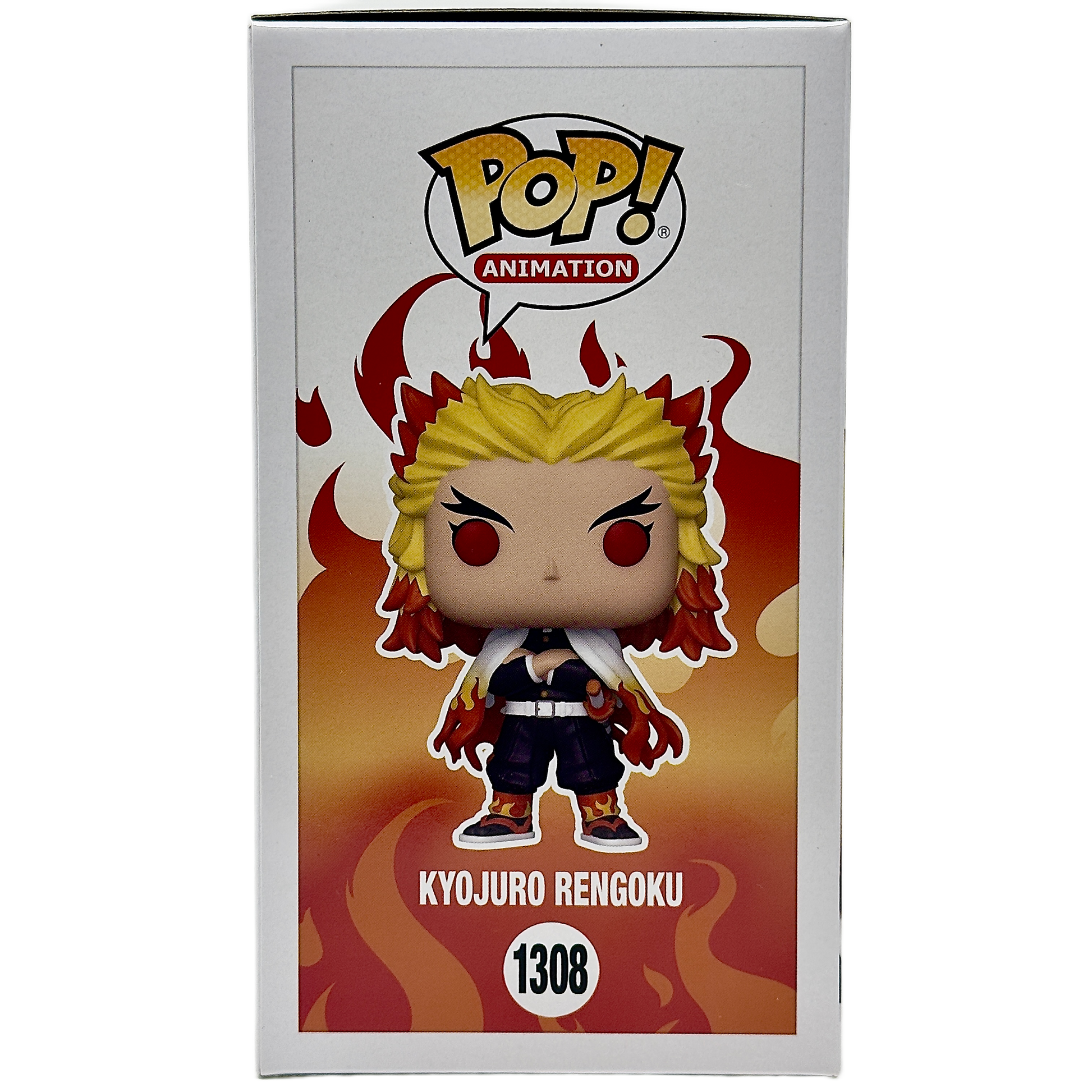 Left side of box for Kyojuro Rengoku Funko Pop! #1306 Walmart Exclusive Glows In The Dark signed by Mark Whitten