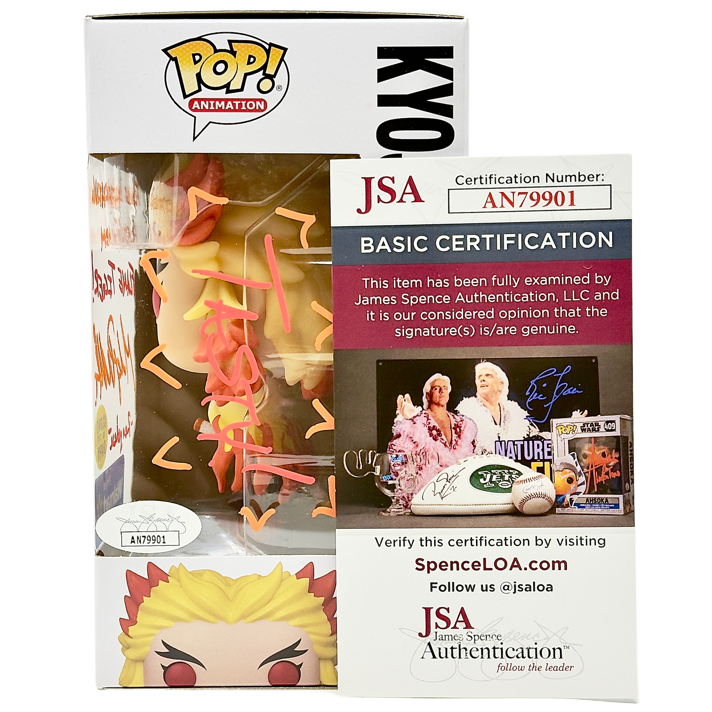 Right side of box for Kyojuro Rengoku Funko Pop! #1306 Walmart Exclusive Glows In The Dark signed by Mark Whitten