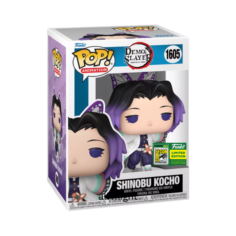 Shinobu Kocho Funko Pop! #1605 San Diego Comic Con Official Sticker stock photo in-box from Demon Slayer