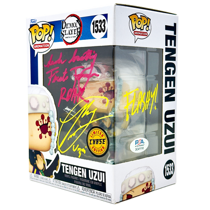 Front right angle in-box photo of Tengen Uzui Funko Pop! #1533 Chase signed by Ray Chase showing autograph, Chase sticker, and PSA authentication