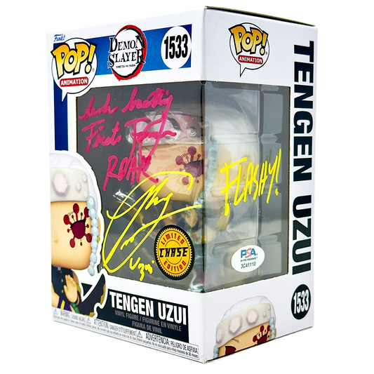 Front right angle in-box photo of Tengen Uzui Funko Pop! #1533 Chase signed by Ray Chase showing autograph, Chase sticker, and PSA authentication