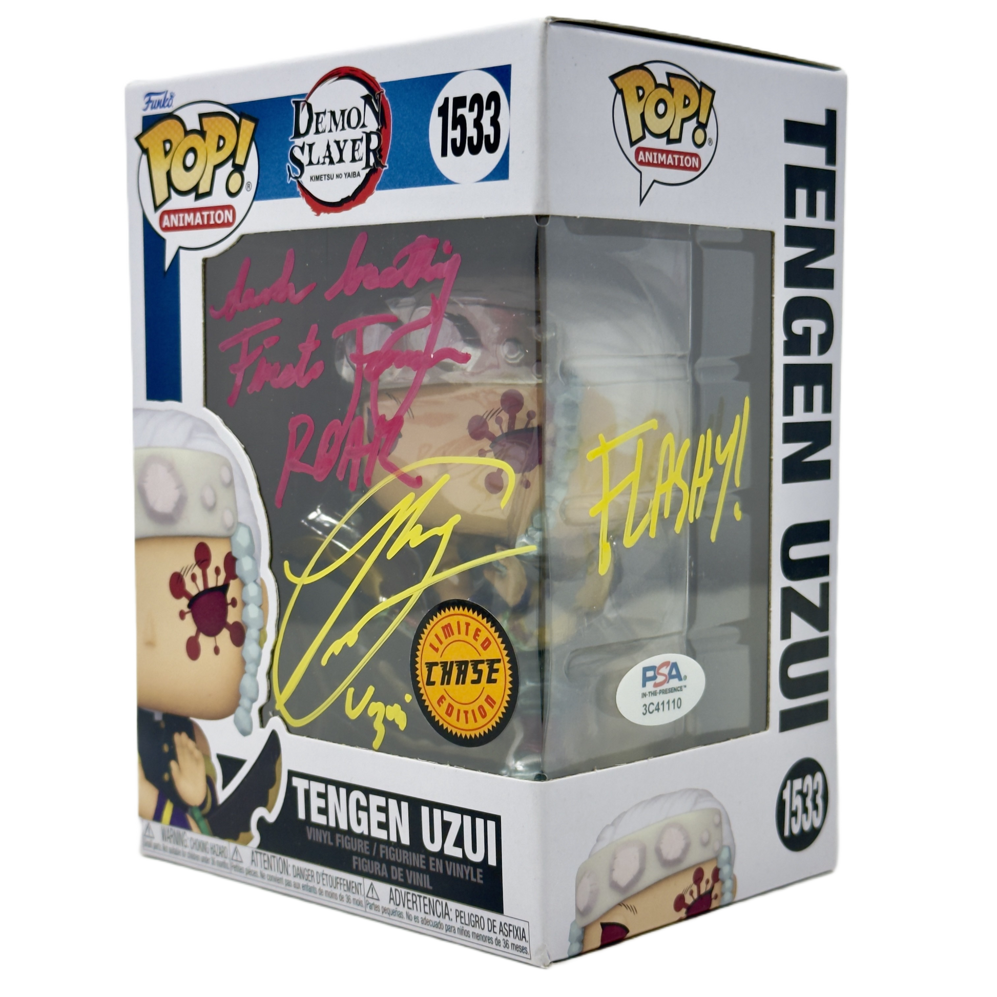 Front right angle in-box photo of Tengen Uzui Funko Pop! #1533 Chase signed by Ray Chase showing autograph, Chase sticker, and PSA authentication