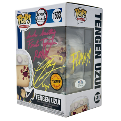 Front right angle in-box photo of Tengen Uzui Funko Pop! #1533 Chase signed by Ray Chase showing autograph, Chase sticker, and PSA authentication