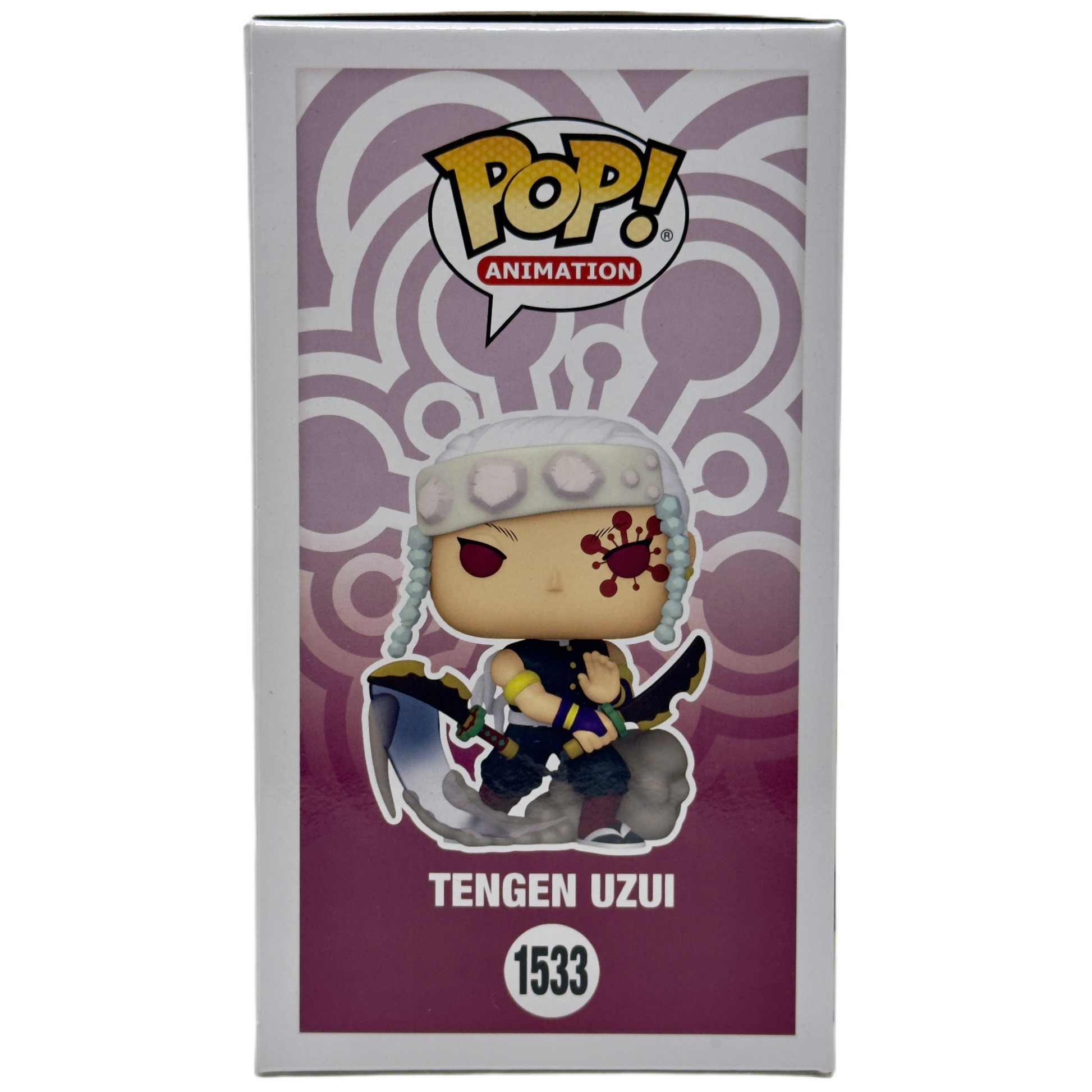 Left side of box for Tengen Uzui Funko Pop! #1533 Chase signed by Ray Chase with PSA authentication