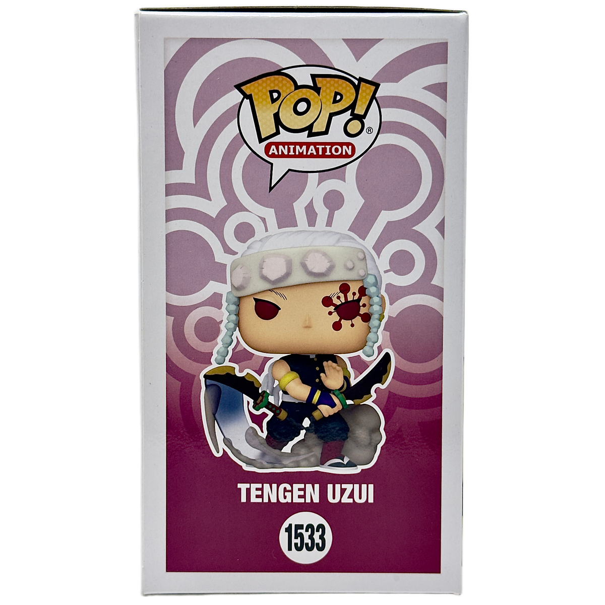 Left side of box for Tengen Uzui Funko Pop! #1533 Chase signed by Ray Chase with PSA authentication