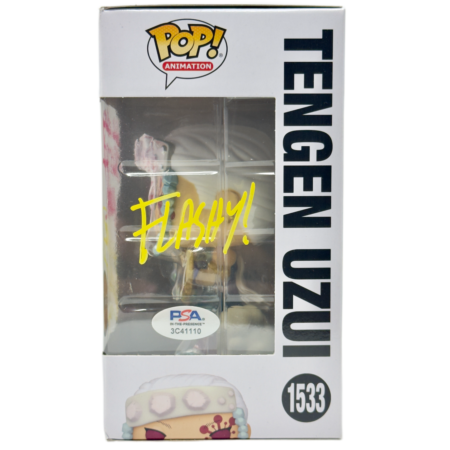 Right side of box for Tengen Uzui Funko Pop! #1533 Chase signed by Ray Chase with PSA authentication
