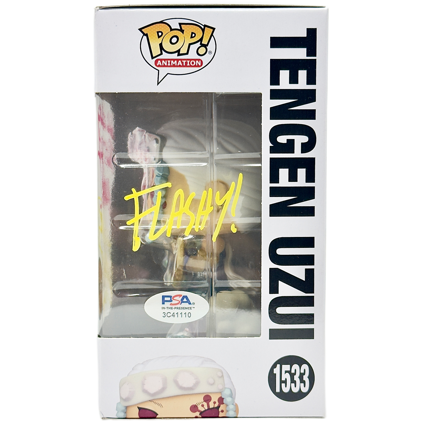Right side of box for Tengen Uzui Funko Pop! #1533 Chase signed by Ray Chase with PSA authentication