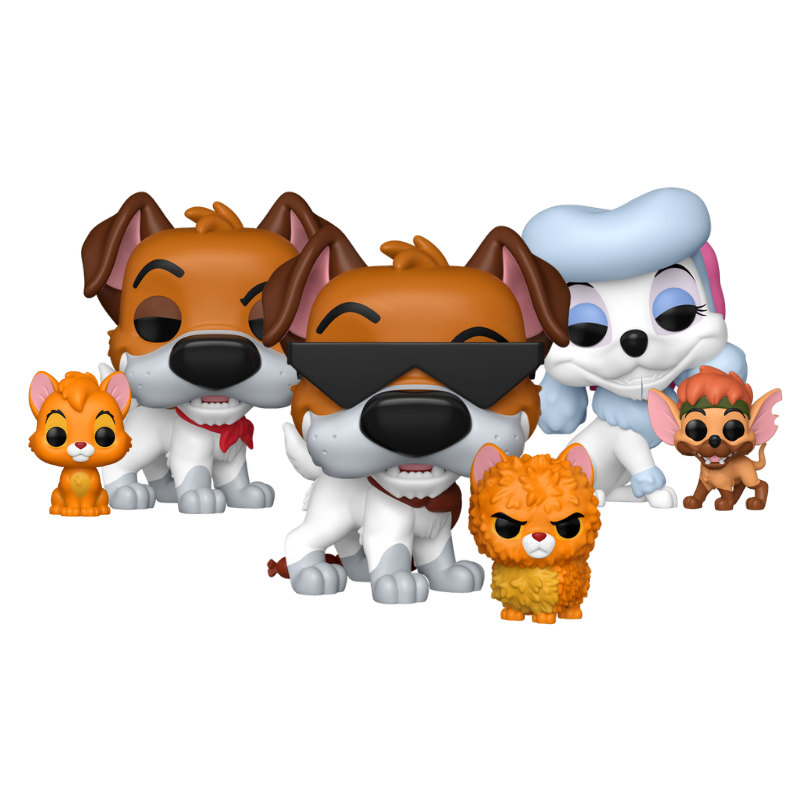 Dodger with Oliver Funko Pop! #1705, Dodger with Oliver Chase #1705 and Georgette with Tito Funko Pop! #1706 stock photo out-of-box from Disney Oliver & Company