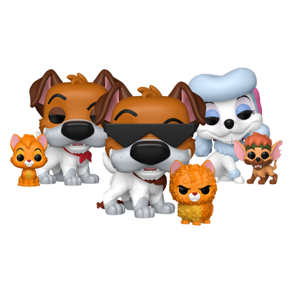 Dodger with Oliver Funko Pop! #1705, Dodger with Oliver Chase #1705 and Georgette with Tito Funko Pop! #1706 stock photo out-of-box from Disney Oliver & Company