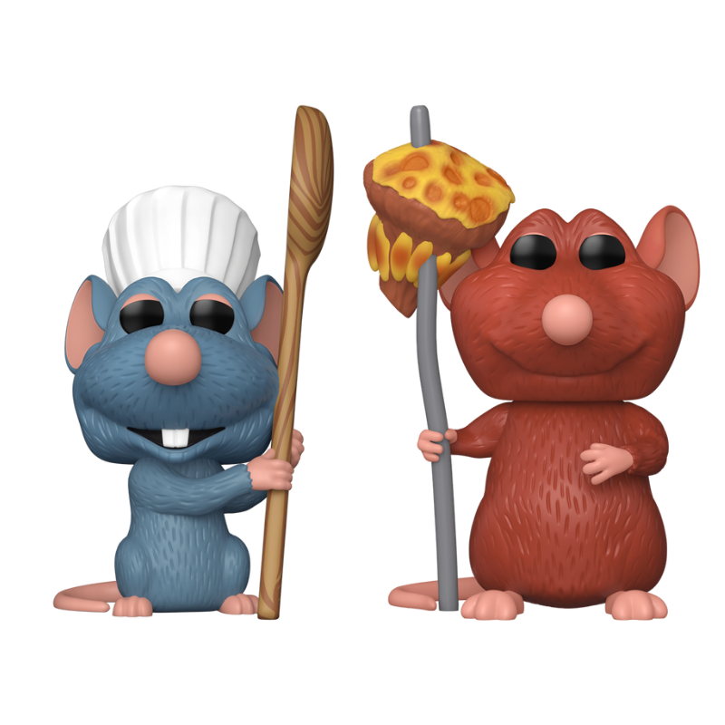 Disney Ratatouille Funko Pop! set stock photo out-of-box featuring Remy with Cooking Spoon and Emile with Mushroom