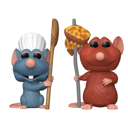 Disney Ratatouille Funko Pop! set stock photo out-of-box featuring Remy with Cooking Spoon and Emile with Mushroom