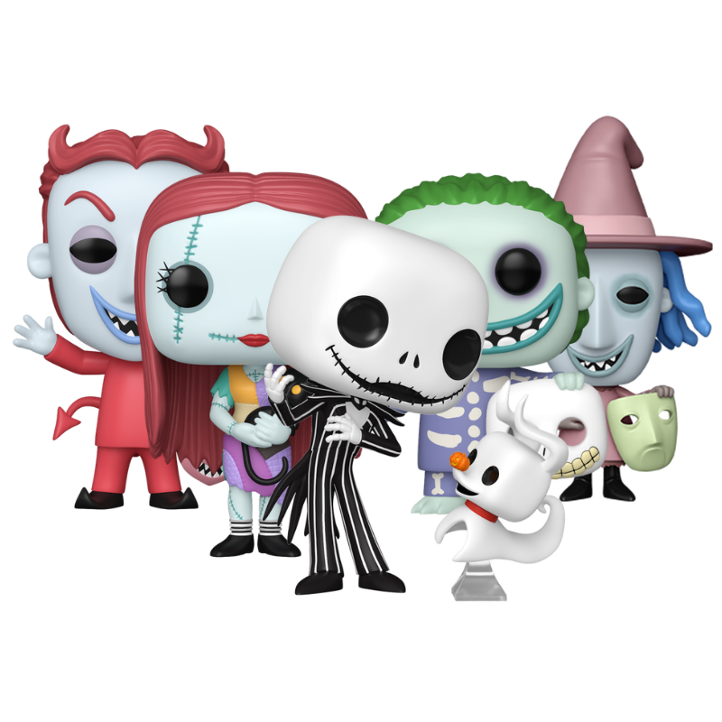 The Nightmare Before Christmas 5-piece Funko Pop! set out-of-box featuring Jack Skellington with Zero, Sally with Cat, Barrel, Lock, and Shock