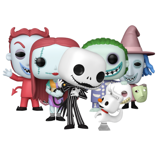 The Nightmare Before Christmas 5-piece Funko Pop! set out-of-box featuring Jack Skellington with Zero, Sally with Cat, Barrel, Lock, and Shock