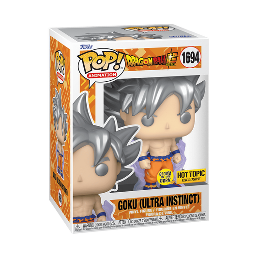 Goku (Ultra Instinct) Funko Pop! #1694 Hot Topic Exclusive Glow stock photo in-box from Dragon Ball Super