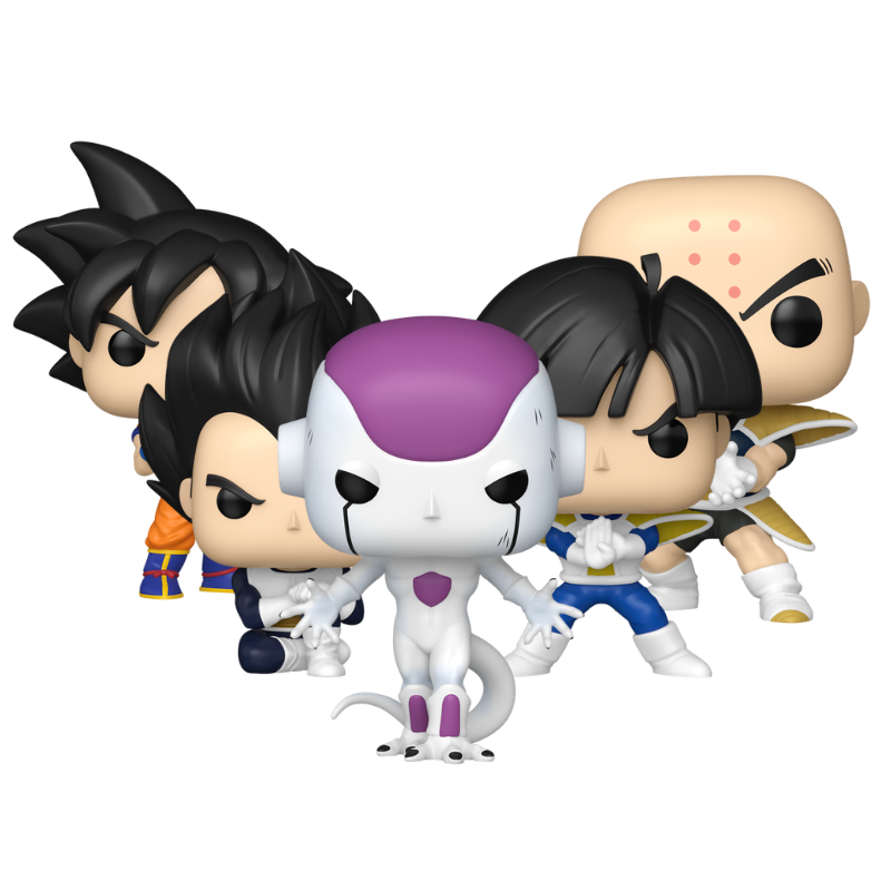Dragon Ball Z Frieza Saga Funko Pop! set stock photo out-of-box featuring Son Goku, Vegeta, Son Gohan, Frieza, and Krillin
