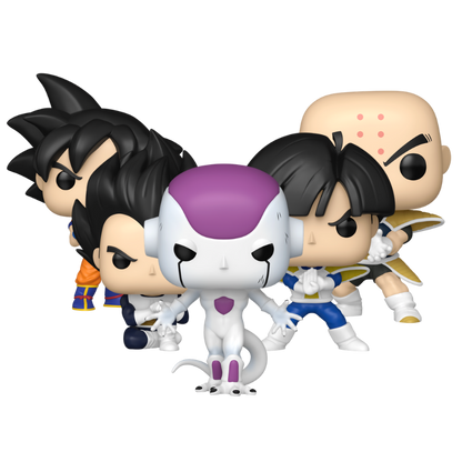 Dragon Ball Z Frieza Saga Funko Pop! set stock photo out-of-box featuring Son Goku, Vegeta, Son Gohan, Frieza, and Krillin