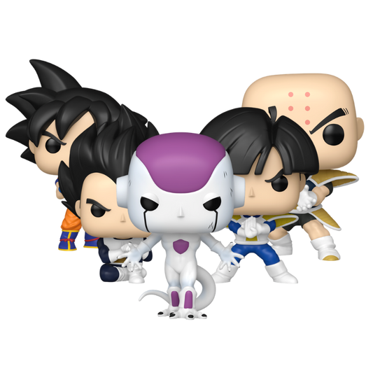 Dragon Ball Z Frieza Saga Funko Pop! set stock photo out-of-box featuring Son Goku, Vegeta, Son Gohan, Frieza, and Krillin