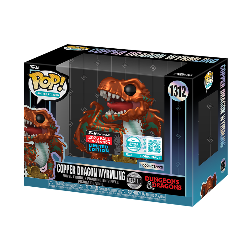 Stock photo of Dungeons & Dragons Funko Pop! Copper Dragon Wyrmling (Metallic) #1312 Supreme NYCC 2026 shared-sticker edition in box.