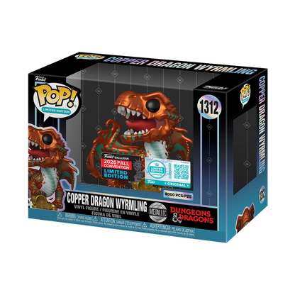 Stock photo of Dungeons & Dragons Funko Pop! Copper Dragon Wyrmling (Metallic) #1312 Supreme NYCC 2026 shared-sticker edition in box.