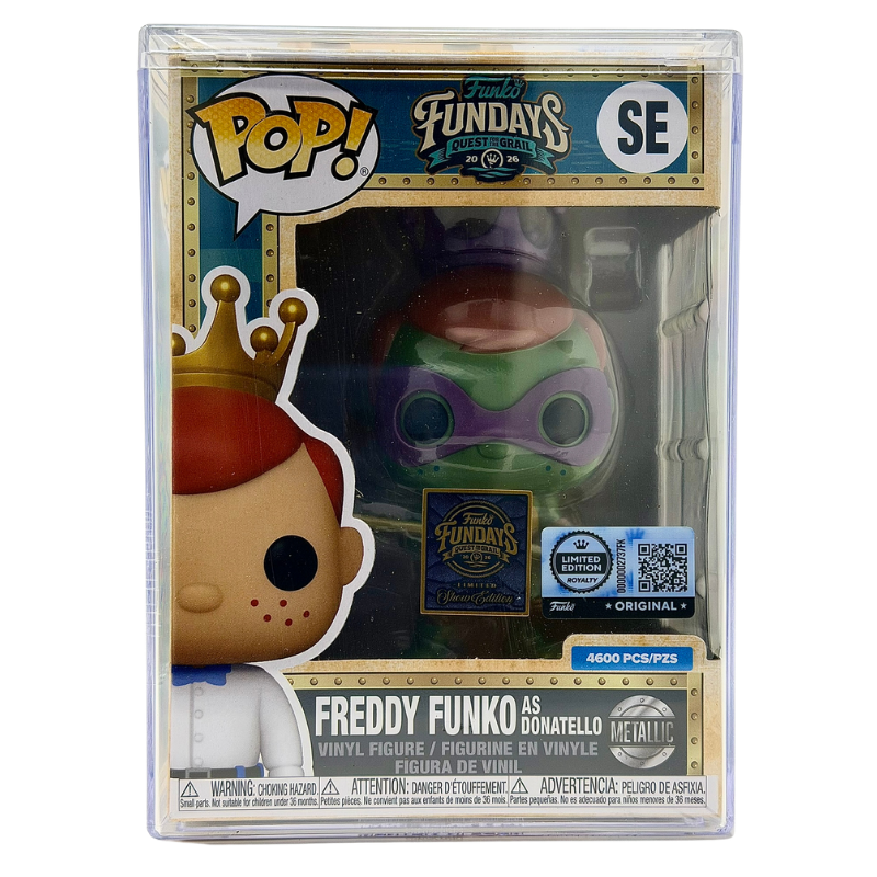 Freddy Funko as Donatello Metallic SE Funko Pop! Royalty Limited Edition 4600 Pcs Funko Fundays 2026 Quest for the Grail front view in-box