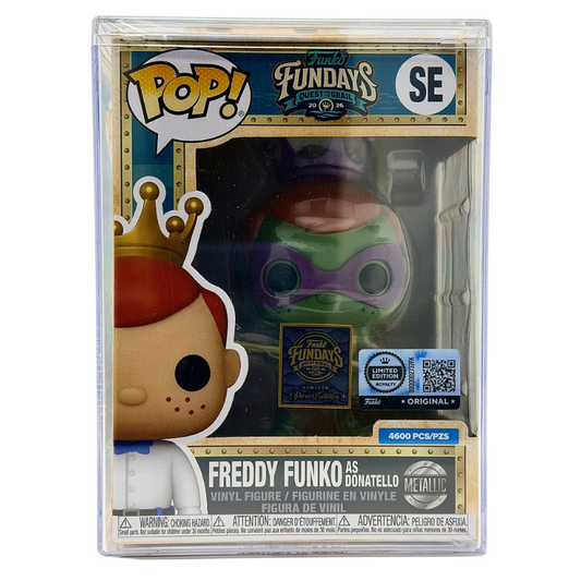 Freddy Funko as Donatello Metallic SE Funko Pop! Royalty Limited Edition 4600 Pcs Funko Fundays 2026 Quest for the Grail front view in-box
