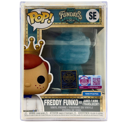 Freddy Funko as James T. Kirk (Translucent) SE Funko Pop! Legendary Limited Edition 1000 Pcs Funko Fundays 2026 Quest for the Grail front view in-box