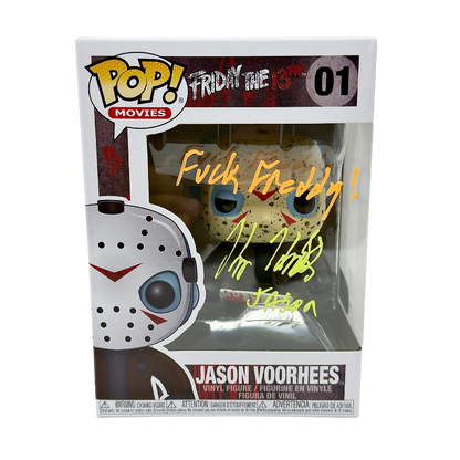 Jason Voorhees Funko Pop! #01 signed by Kane Hodder SWAU Certified stock photo front of box Friday the 13th