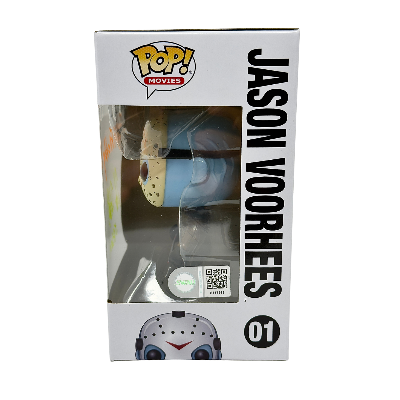 Jason Voorhees Funko Pop! #01 signed by Kane Hodder SWAU Certified stock photo side of box with certification sticker Friday the 13th