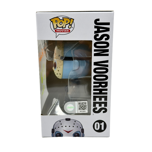 Jason Voorhees Funko Pop! #01 signed by Kane Hodder SWAU Certified stock photo side of box with certification sticker Friday the 13th