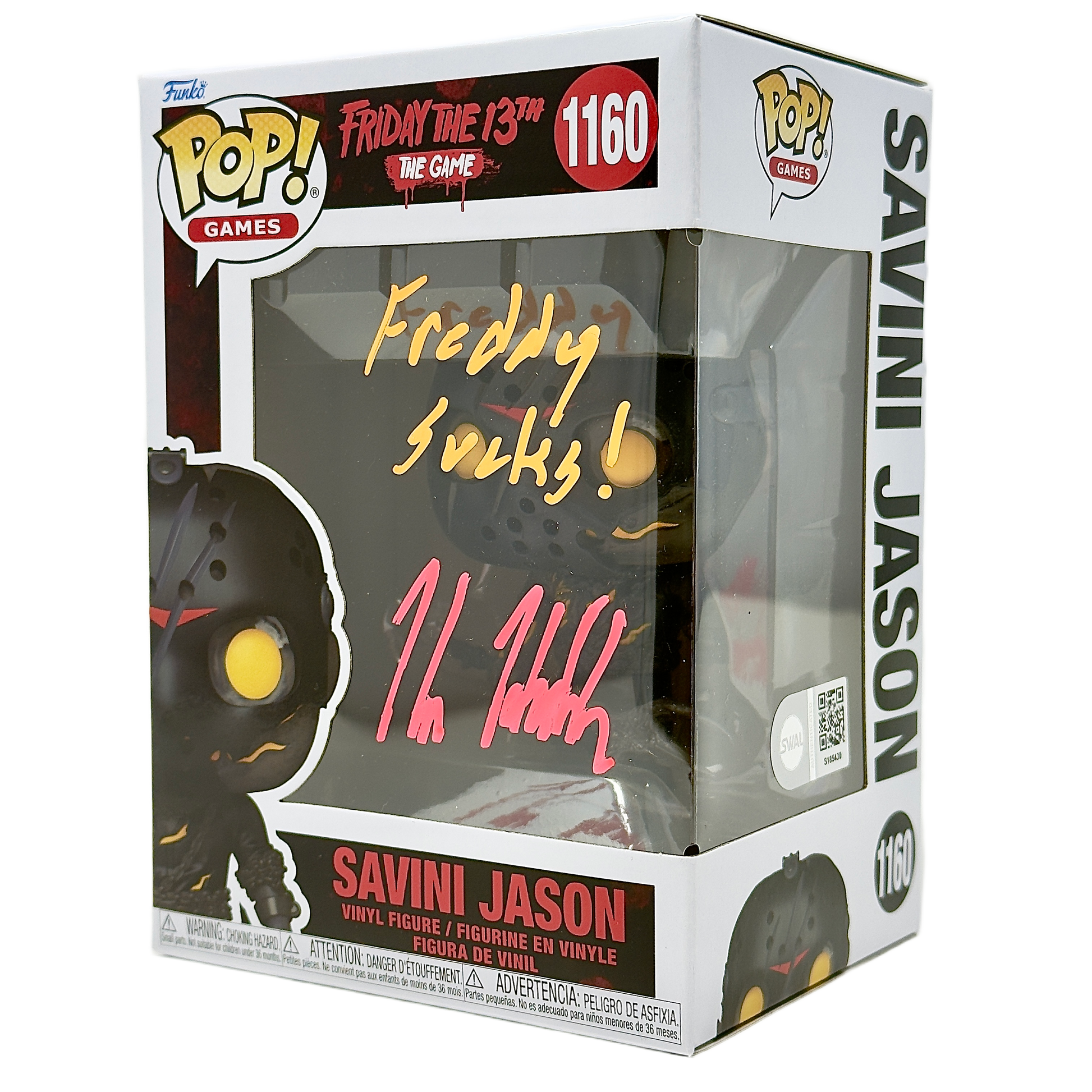 Front right angle in-box photo of Savini Jason Funko Pop! #1160 signed by Kane Hodder showing autograph and box details