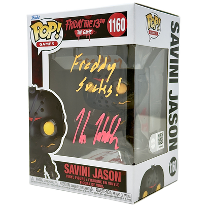 Front right angle in-box photo of Savini Jason Funko Pop! #1160 signed by Kane Hodder showing autograph and box details