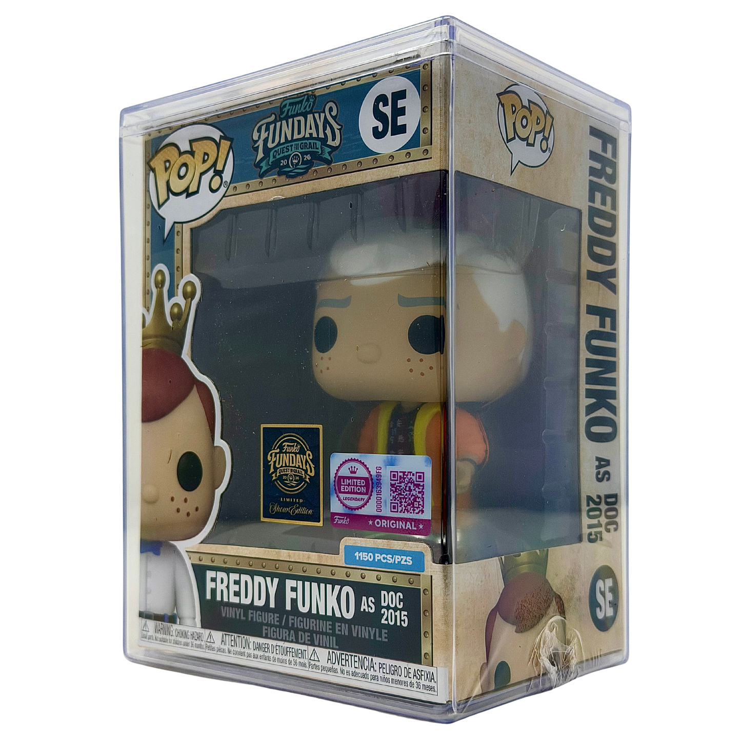 Front right angle in-box view of Freddy Funko as Doc 2015 SE Legendary Limited Edition 1,150 PCS from Back to the Future and Funko Fundays 2026