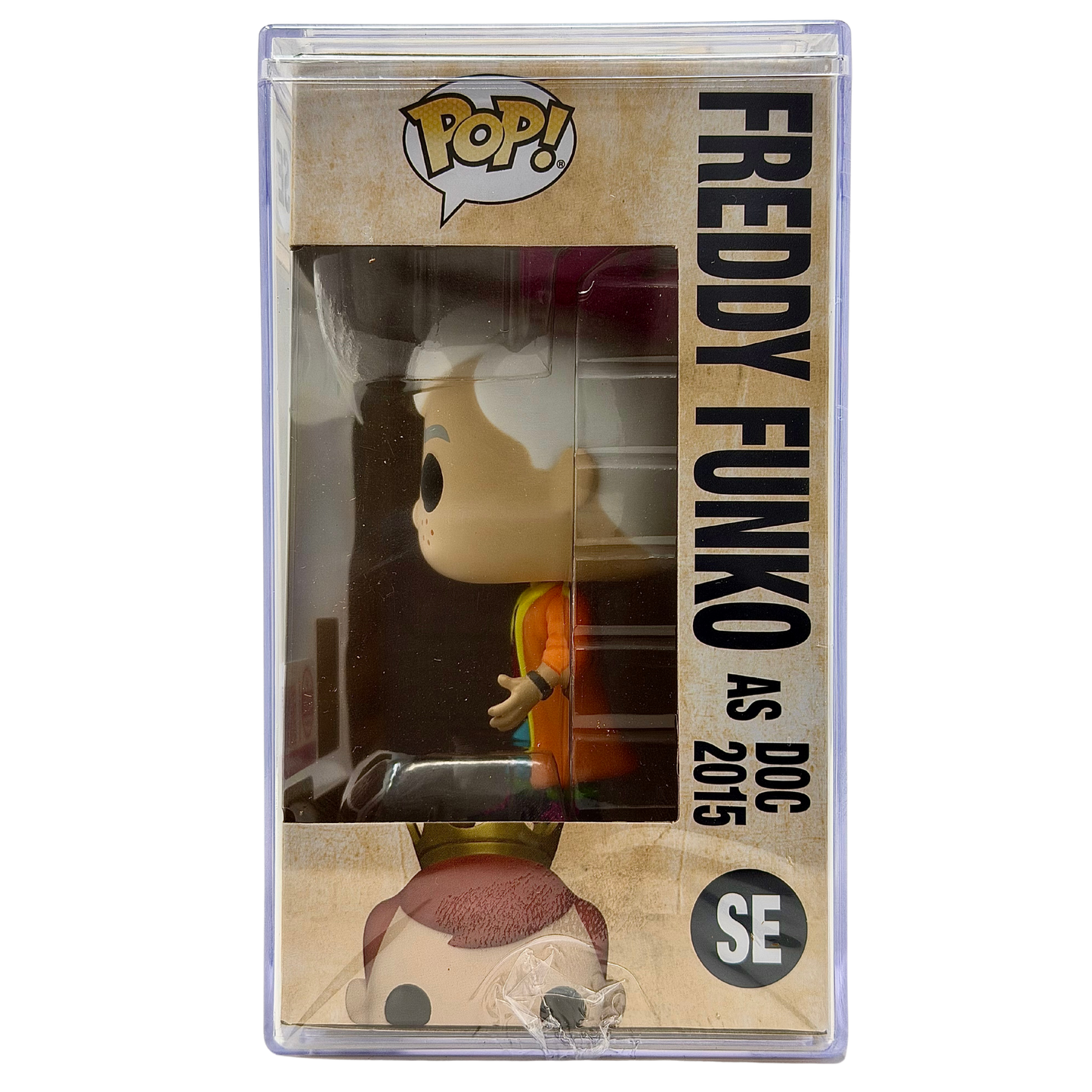 Right-side in-box view of Freddy Funko as Doc 2015 SE Legendary Limited Edition 1,150 PCS from Back to the Future and Funko Fundays 2026