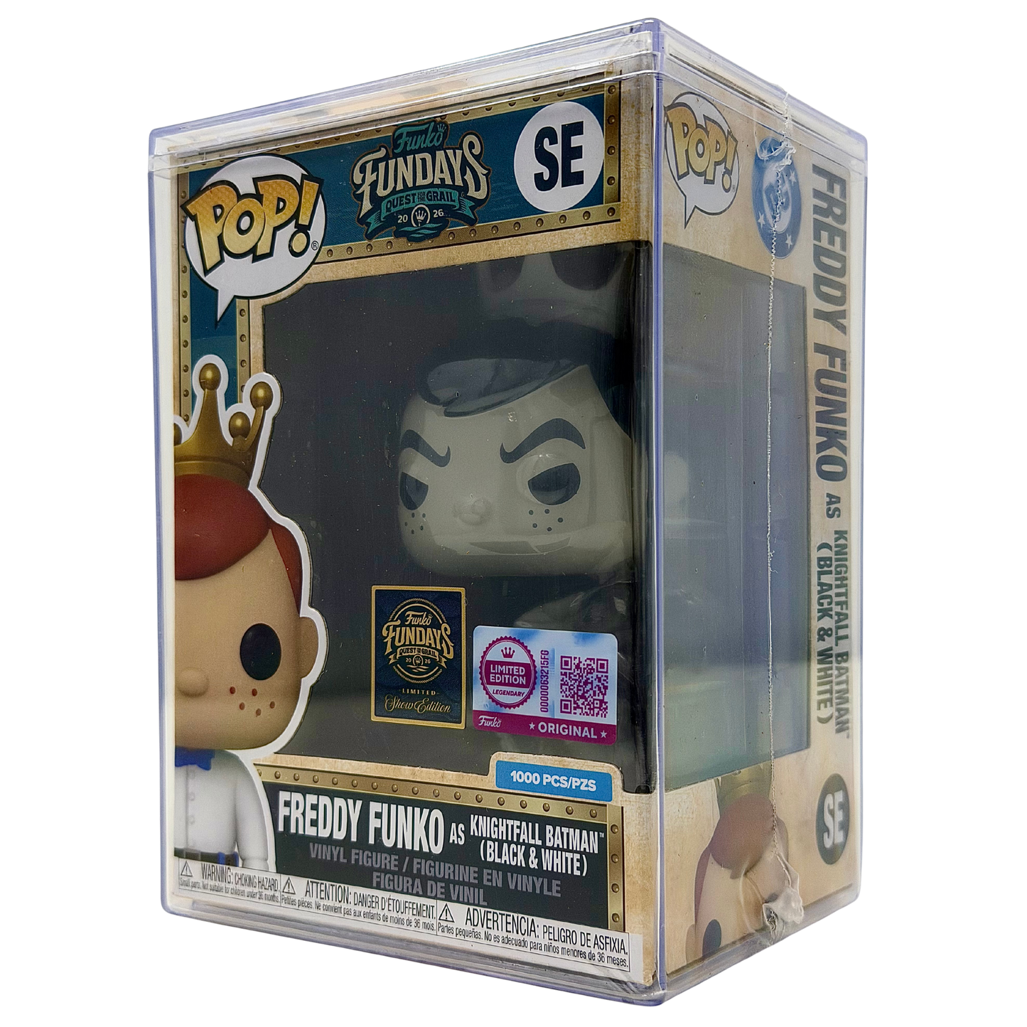 Front right angle in-box view of Freddy Funko as Knightfall Batman Black & White SE Legendary Limited Edition 1,000 PCS from Batman and Funko Fundays 2026