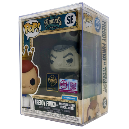 Front right angle in-box view of Freddy Funko as Knightfall Batman Black & White SE Legendary Limited Edition 1,000 PCS from Batman and Funko Fundays 2026