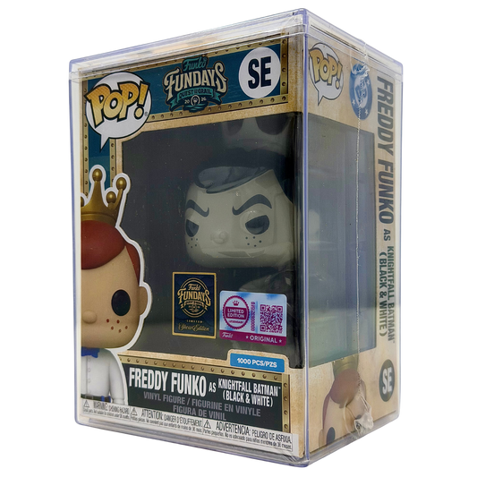 Front right angle in-box view of Freddy Funko as Knightfall Batman Black & White SE Legendary Limited Edition 1,000 PCS from Batman and Funko Fundays 2026