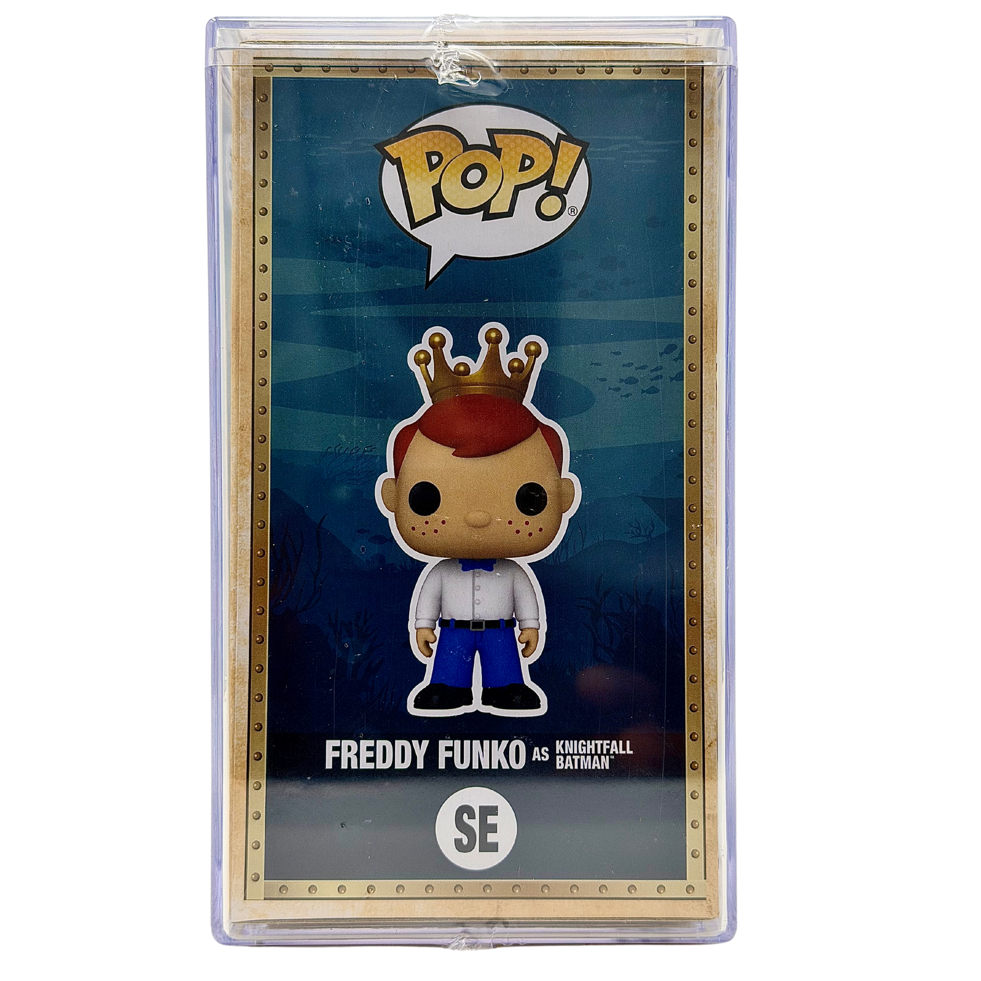 Left-side in-box view of Freddy Funko as Knightfall Batman Black & White SE Legendary Limited Edition 1,000 PCS from Batman and Funko Fundays 2026