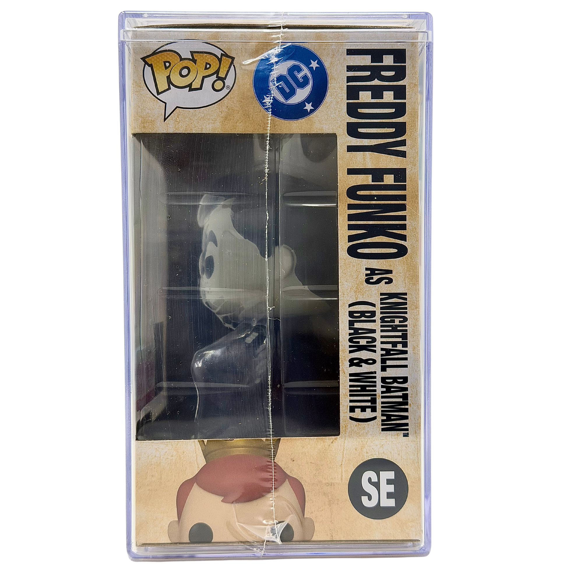 Right-side in-box view of Freddy Funko as Knightfall Batman Black & White SE Legendary Limited Edition 1,000 PCS from Batman and Funko Fundays 2026